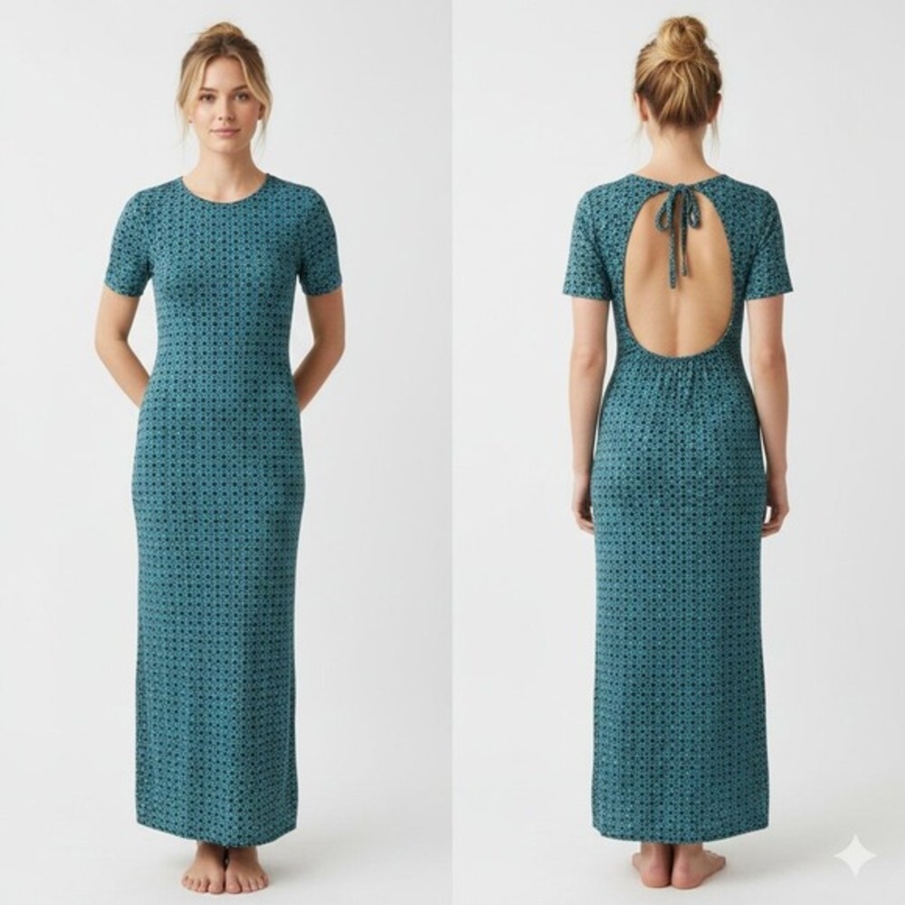 Faraway Geometric Maxi Dress‎ Womens 38 Blue Open Back Tie Short Sleeve Boho